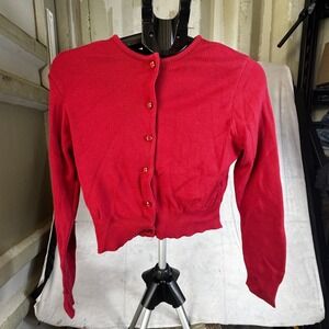 Blue Asphalt Cropped Cardigan Sweater Women's Small Red Tight Knit Button Front